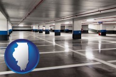 illinois map icon and an empty parking garage