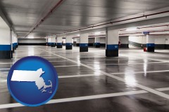 massachusetts map icon and an empty parking garage