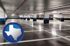 texas map icon and an empty parking garage