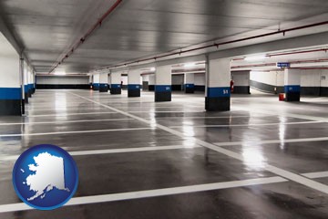 an empty parking garage - with Alaska icon