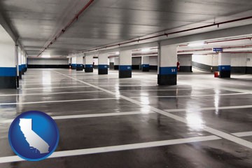 an empty parking garage - with California icon