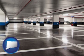 an empty parking garage - with Connecticut icon