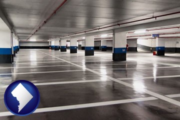 an empty parking garage - with Washington, DC icon
