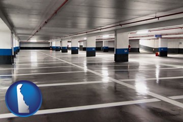 an empty parking garage - with Delaware icon