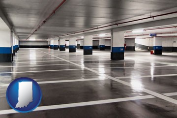 an empty parking garage - with Indiana icon