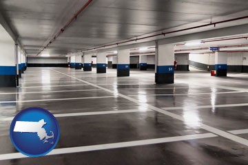 an empty parking garage - with Massachusetts icon