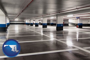 an empty parking garage - with Maryland icon