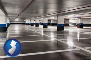 an empty parking garage - with New Jersey icon