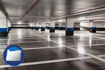 an empty parking garage - with Oregon icon