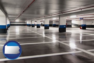 an empty parking garage - with Pennsylvania icon