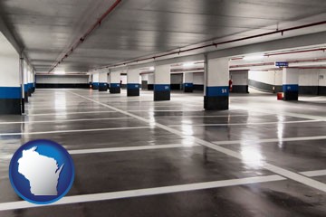 an empty parking garage - with Wisconsin icon